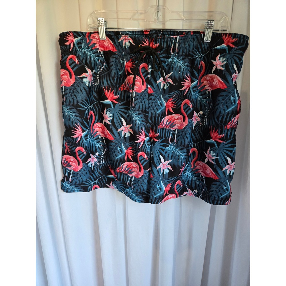George Mens Flamingo Tropical Print Swim Trunks Black Pink XL 40-42